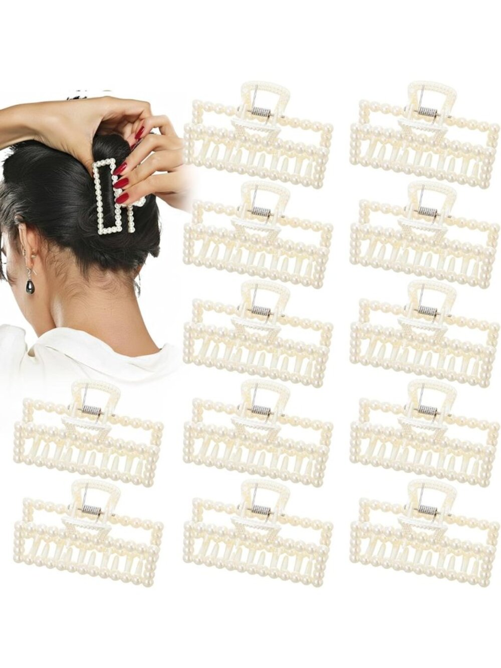 12 Pcs White Pearl Hair Claw Clips for Brides, Rectangle Hair Accessories